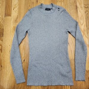 Ted Baker Gold Metallic Tight Knit Sweater‎ Button Accent Gray Size 2 US 2-4